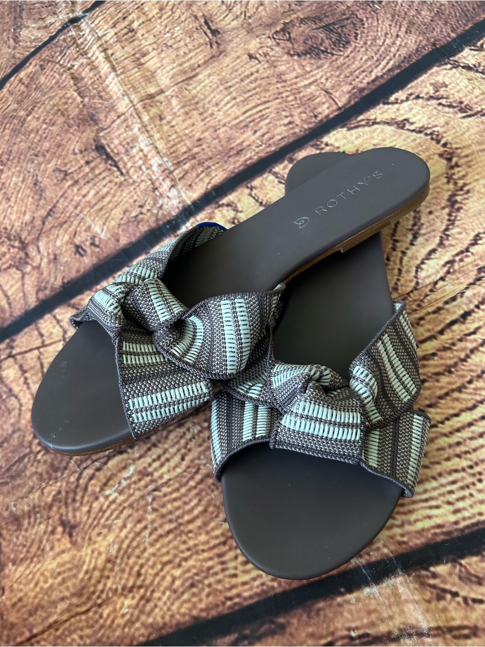 Rothy's The Knot Sandals Taupe Stripe Flat Slide Shoes Women's Size‎ 8